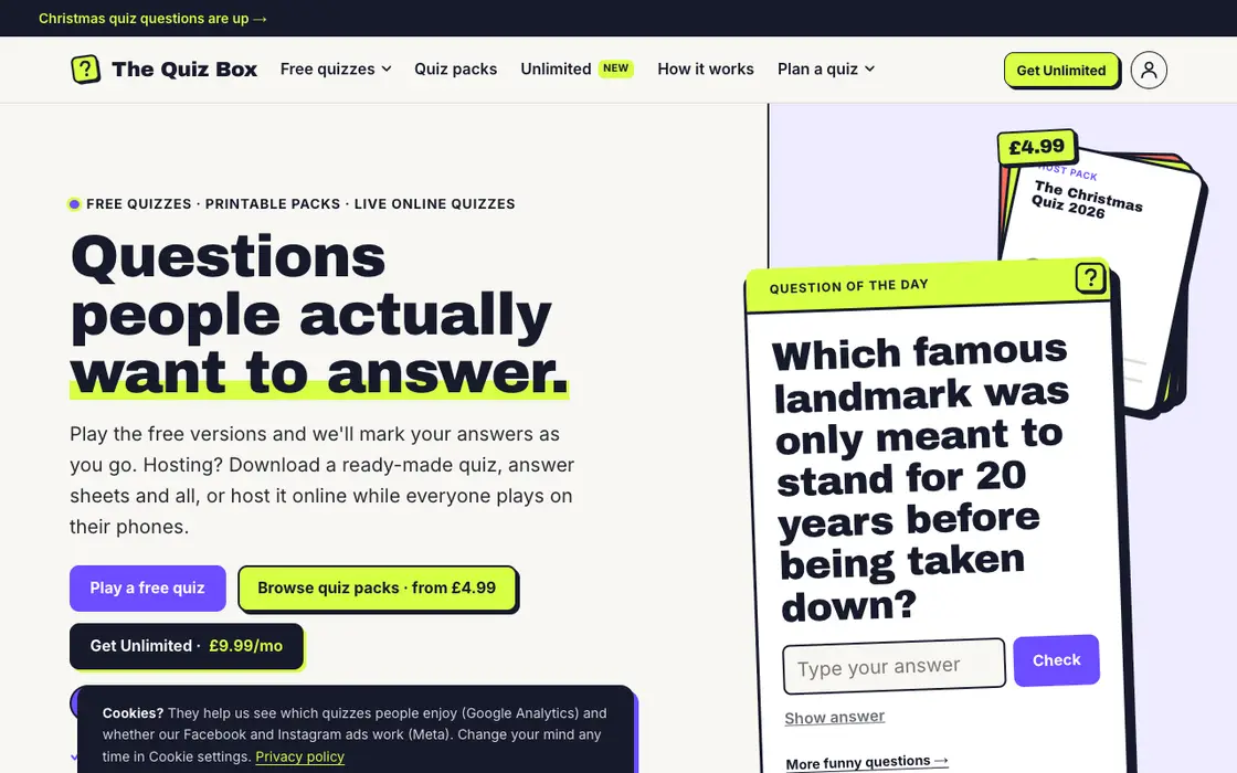 The The Quiz Box website on a desktop screen