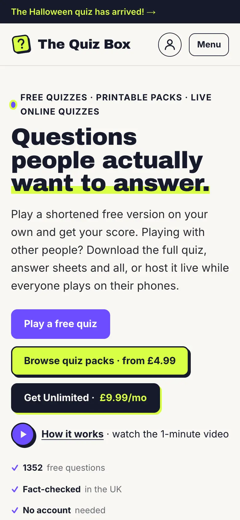 The The Quiz Box website on a phone